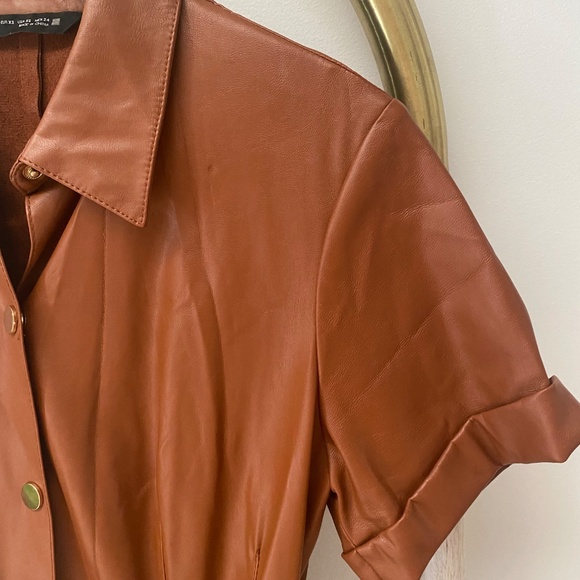 Zara Faux Leather Button Down Big Pockets Belted Brown Dress Short Sleeves Sz XS - Picture 6 of 9
